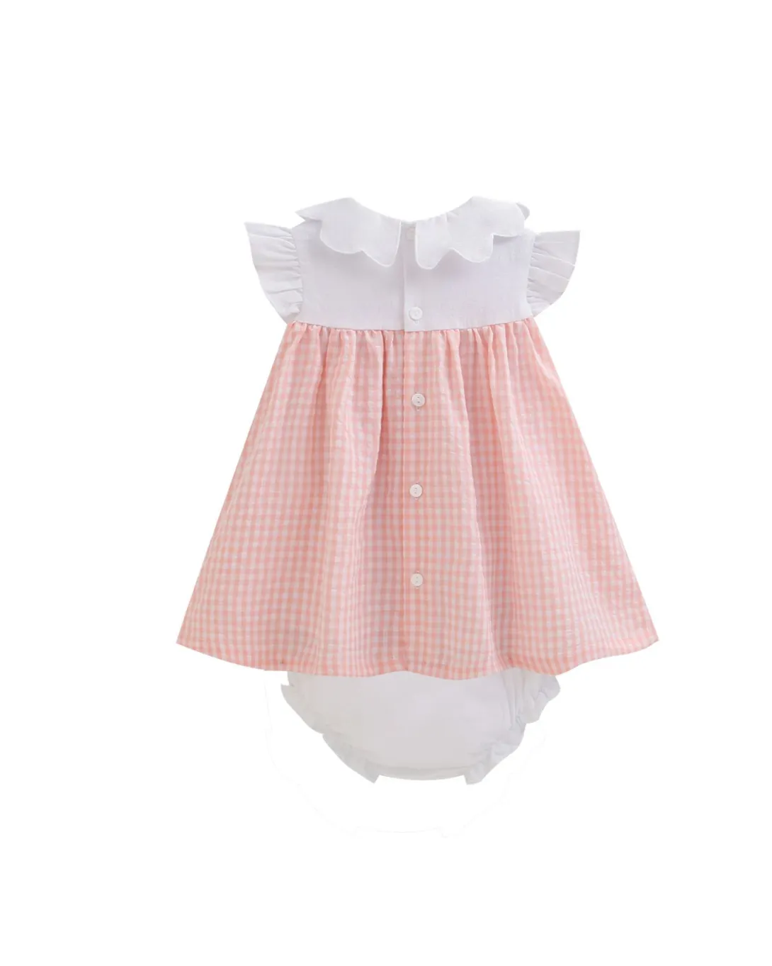 White and pink gingham baby dress with white bloomers and bow sleeves