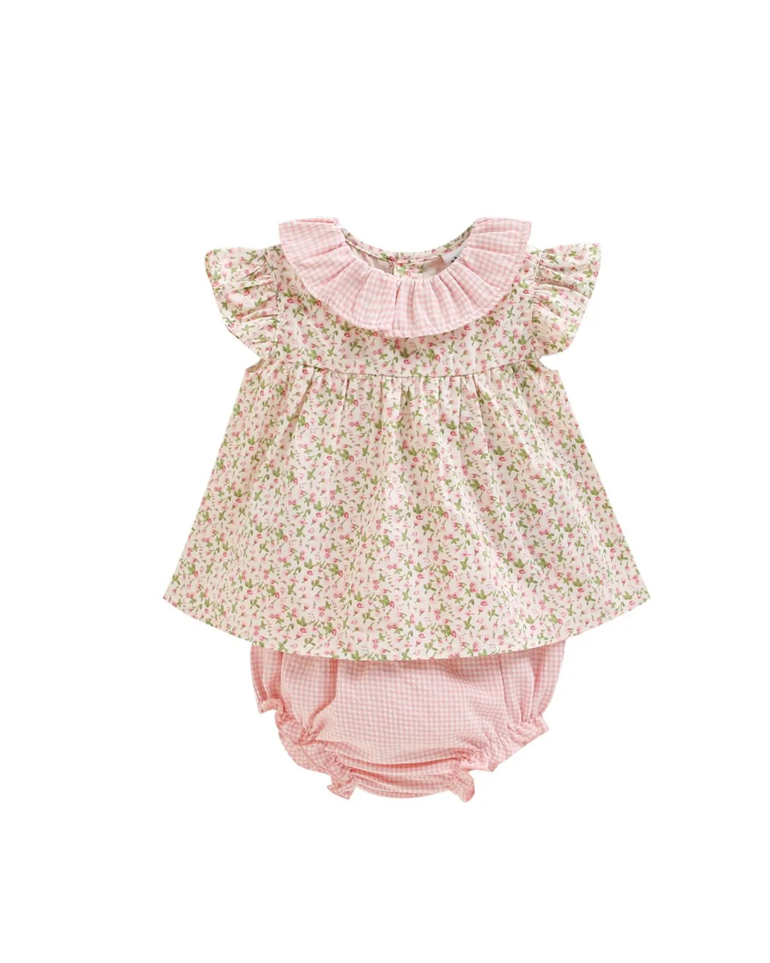 Floral print baby dress with pink collar and matching bloomers