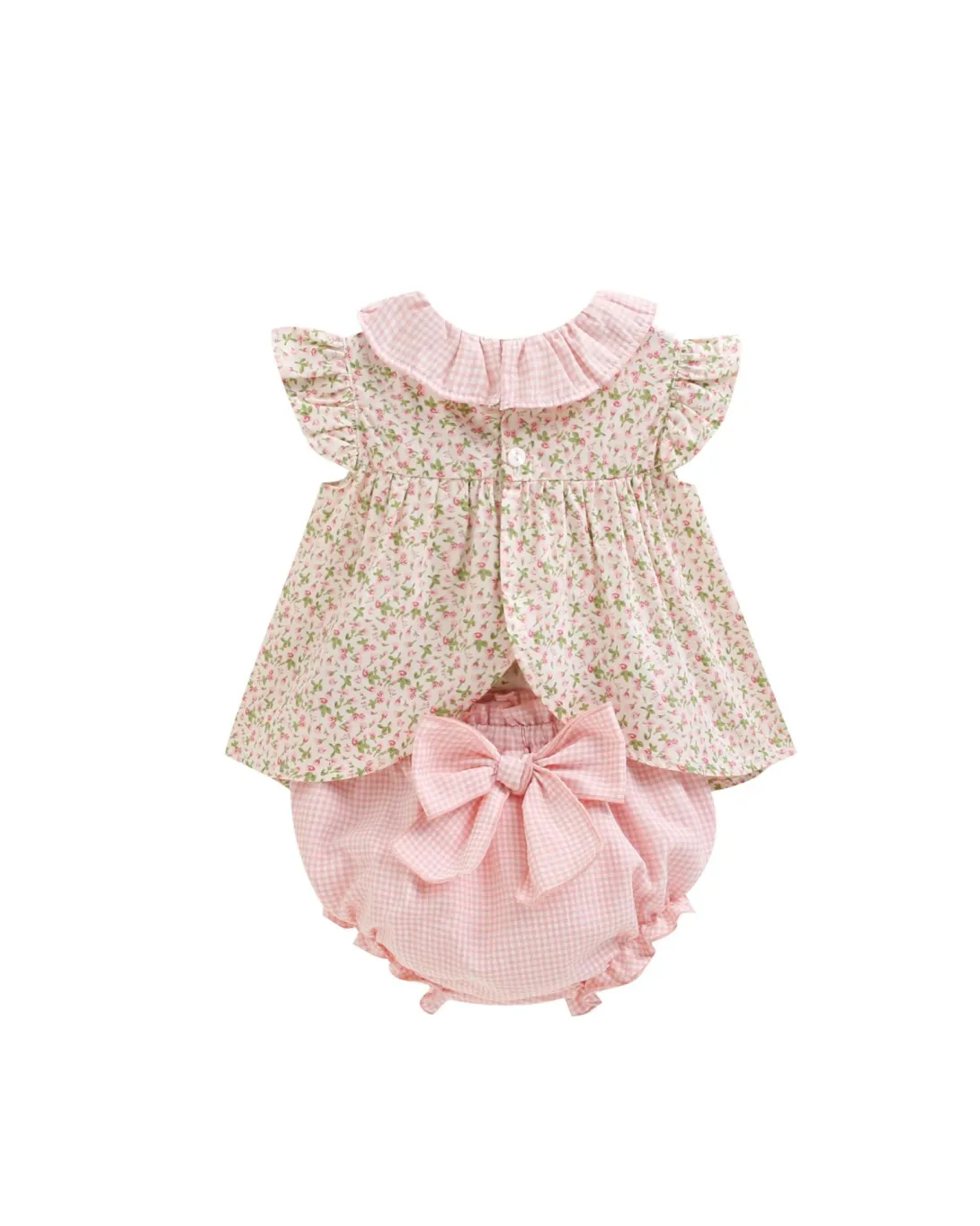 Baby outfit with floral short-sleeve top and pink ruffled bloomers with bow