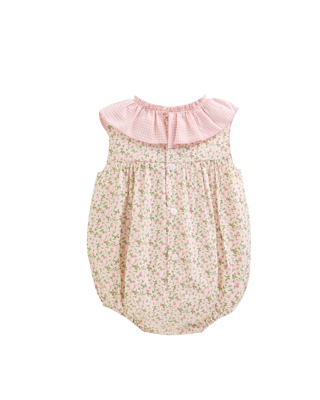 Baby romper with pink collar and beige floral print body