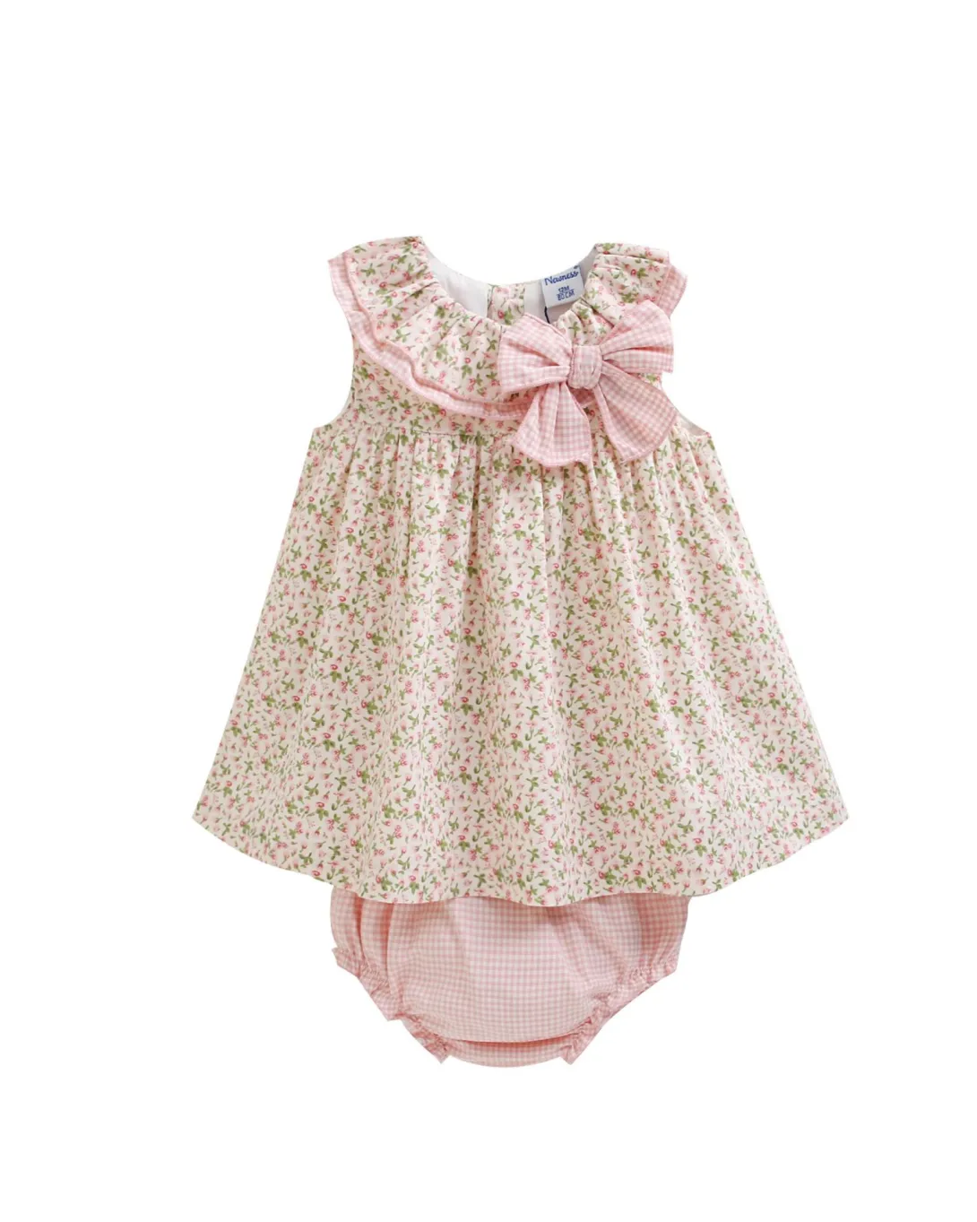 Baby dress with pink floral pattern and matching bloomers