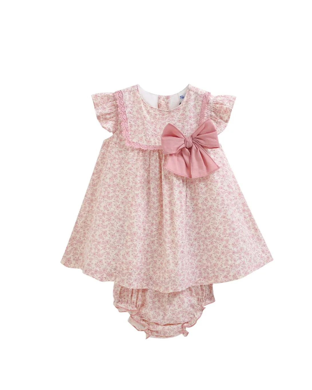 Pink polka dot baby dress with matching bloomers and bow detail