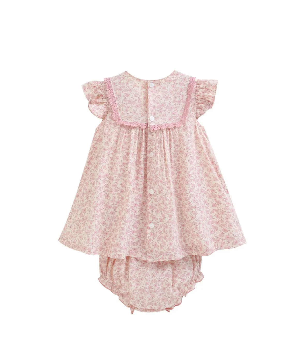 Pink floral dress with ruffled sleeves and matching bloomers
