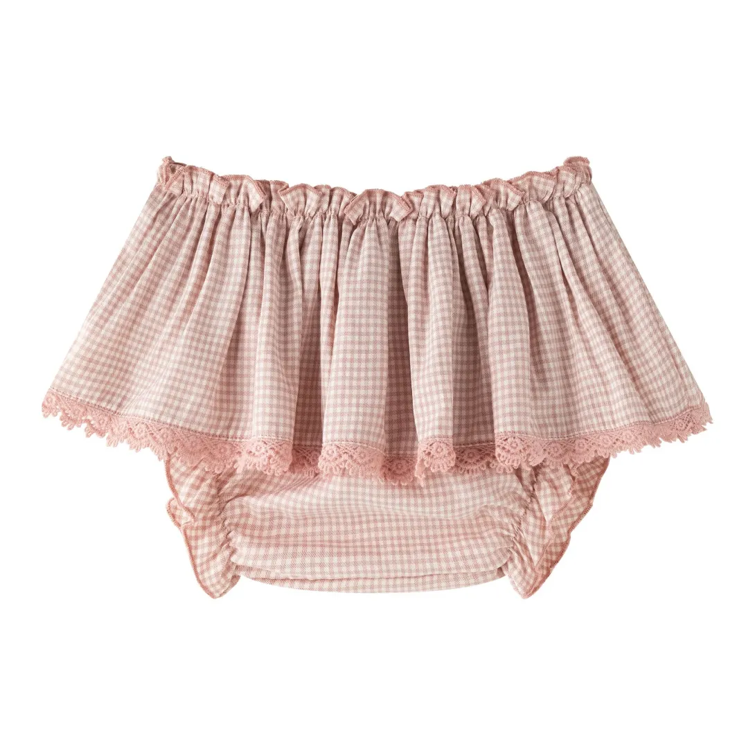 Pink gingham baby bloomers with lace trim