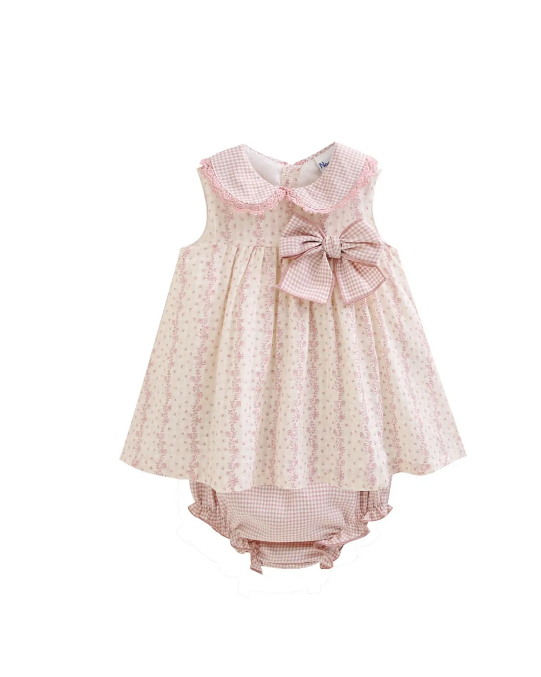 Pink sleeveless dress with bow detail and matching bloomers