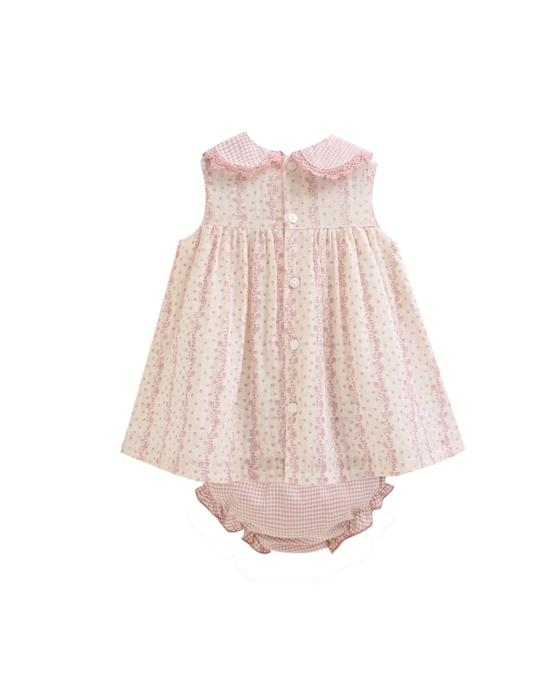 Pink gingham baby dress with matching bloomers and bow collar