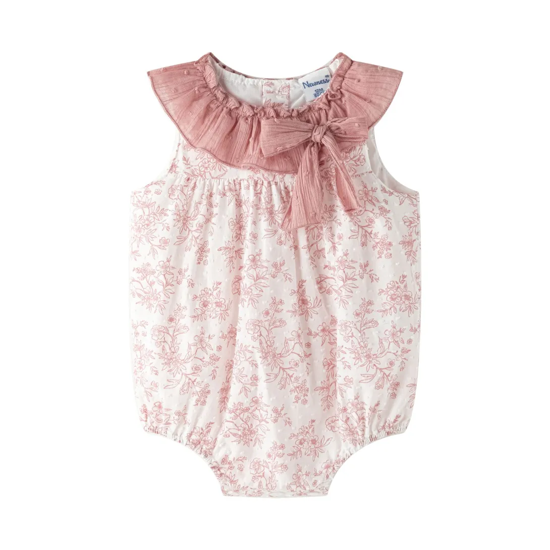 White and pink floral baby romper with ruffled collar