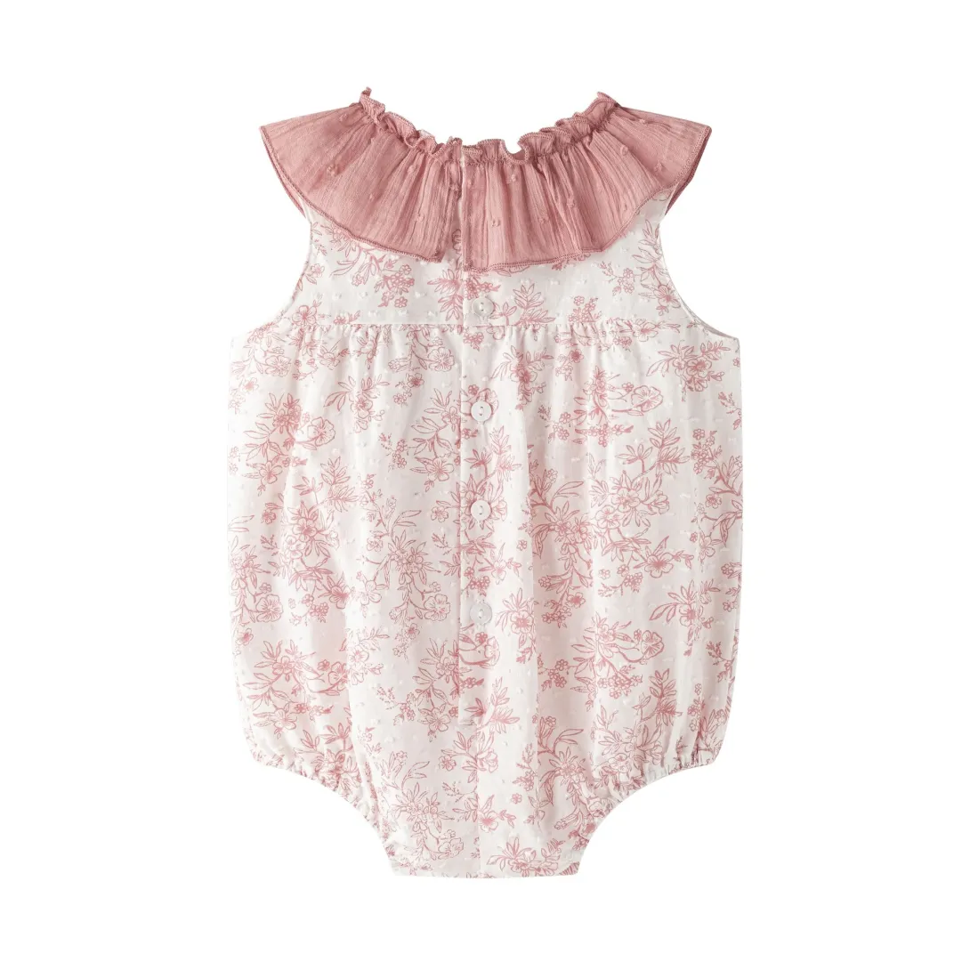 Pink and white floral print baby romper with ruffle collar