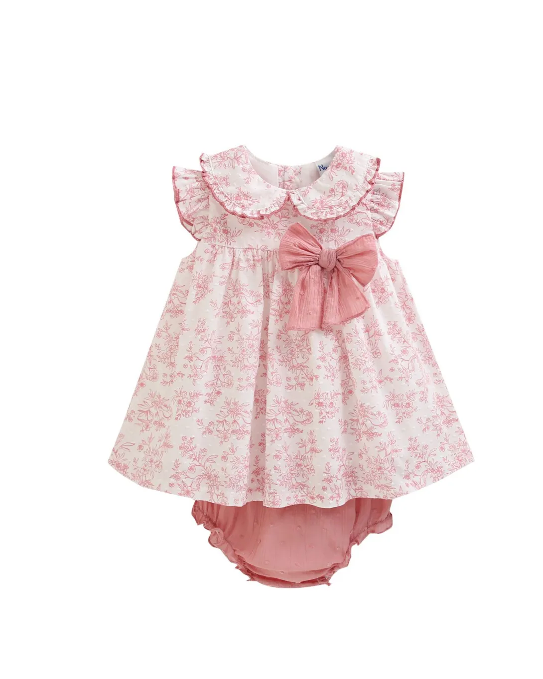 Pink and white patterned dress with matching bloomers and bow detail