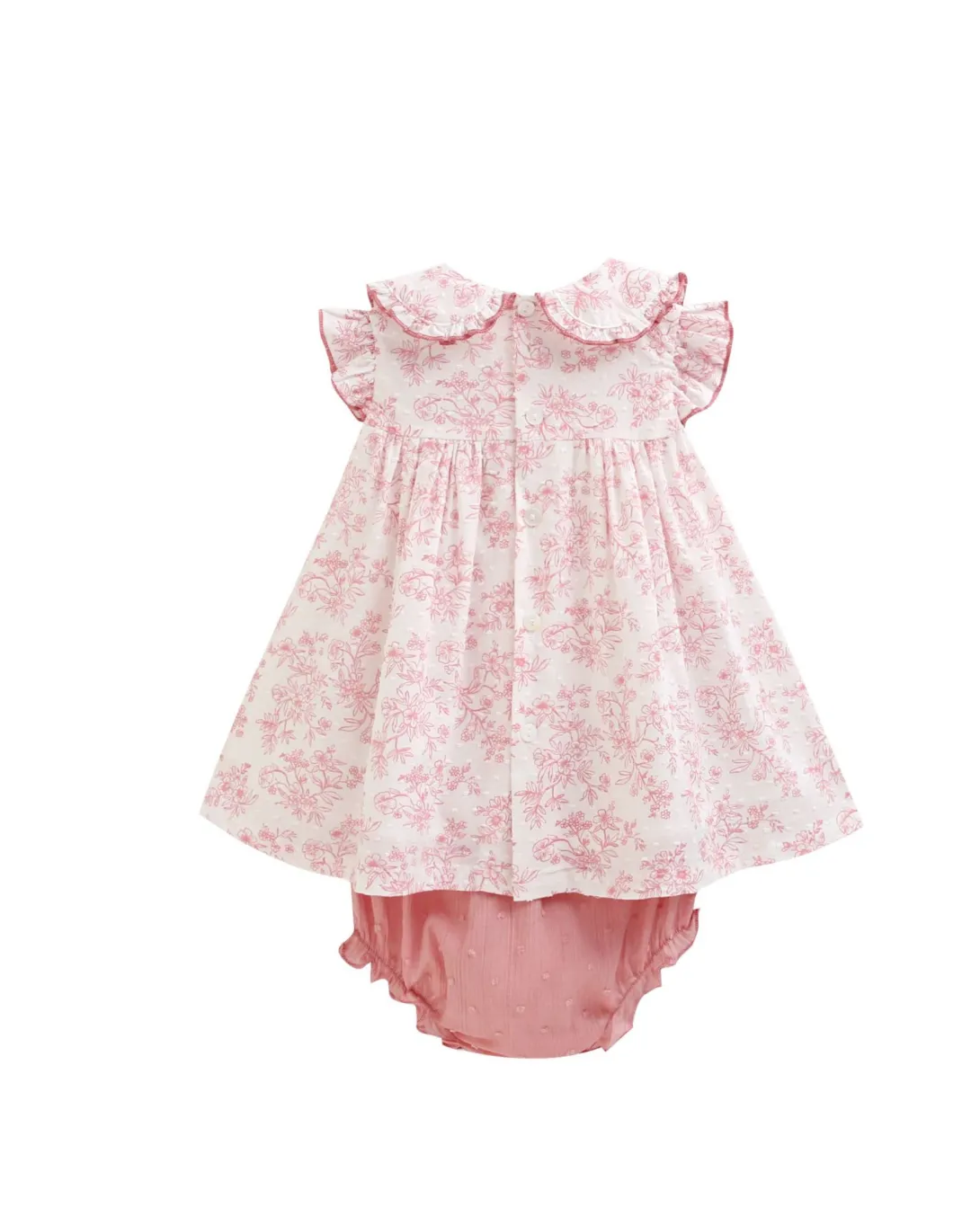Pink floral baby dress with matching bloomers on white background
