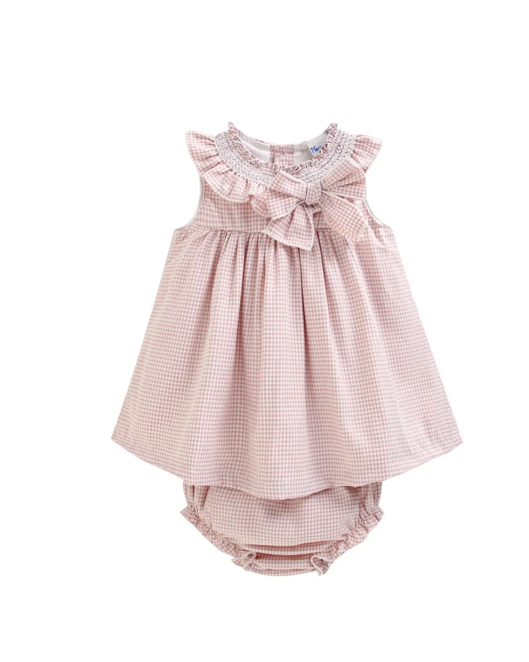 Pink sleeveless dress with floral neckline detail and matching diaper cover