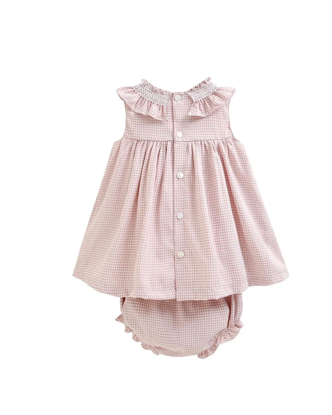 Light pink striped baby dress with matching bloomers featuring ruffle collar detail