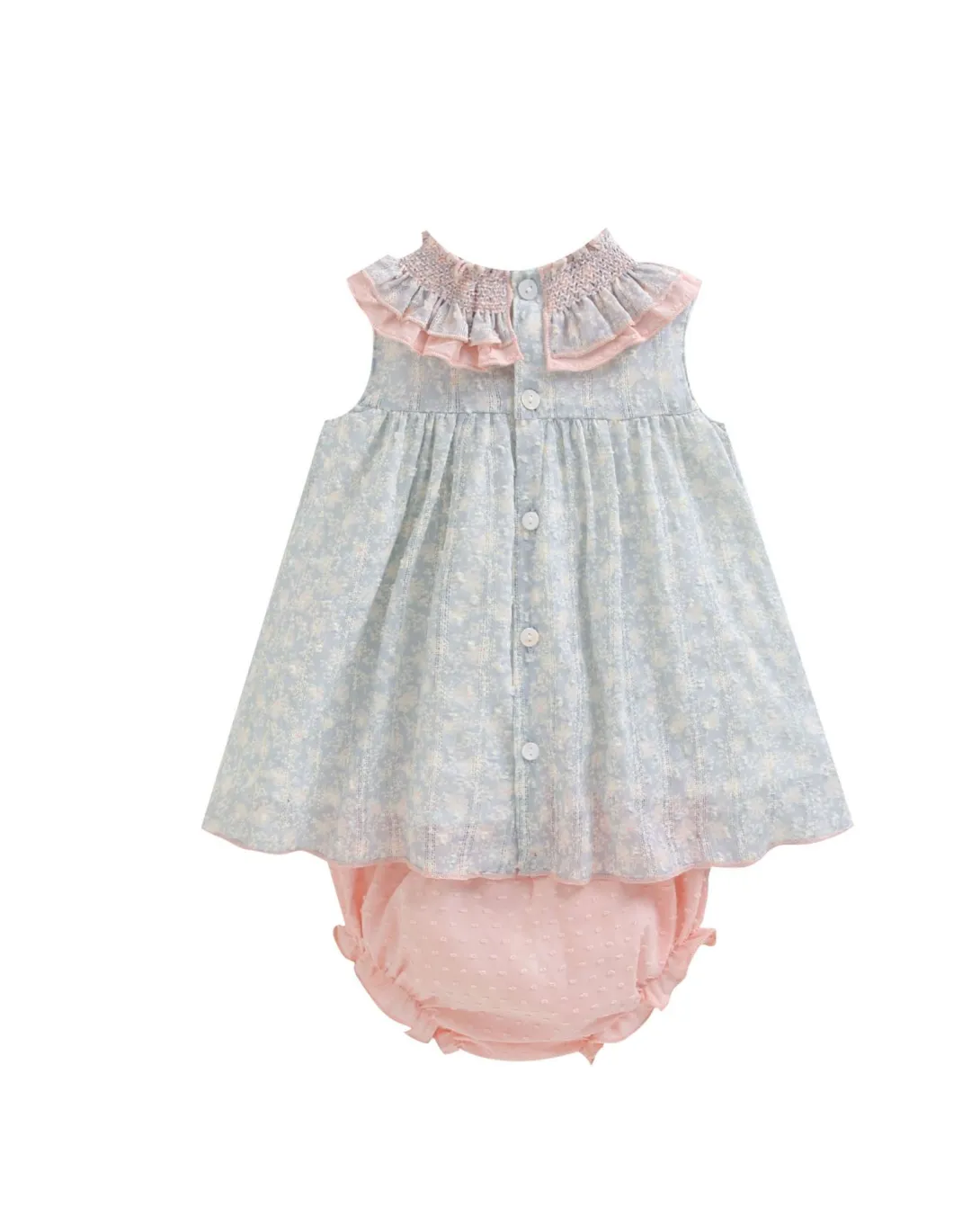 Baby dress with floral print and ruffled pink collar, paired with pink bloomers