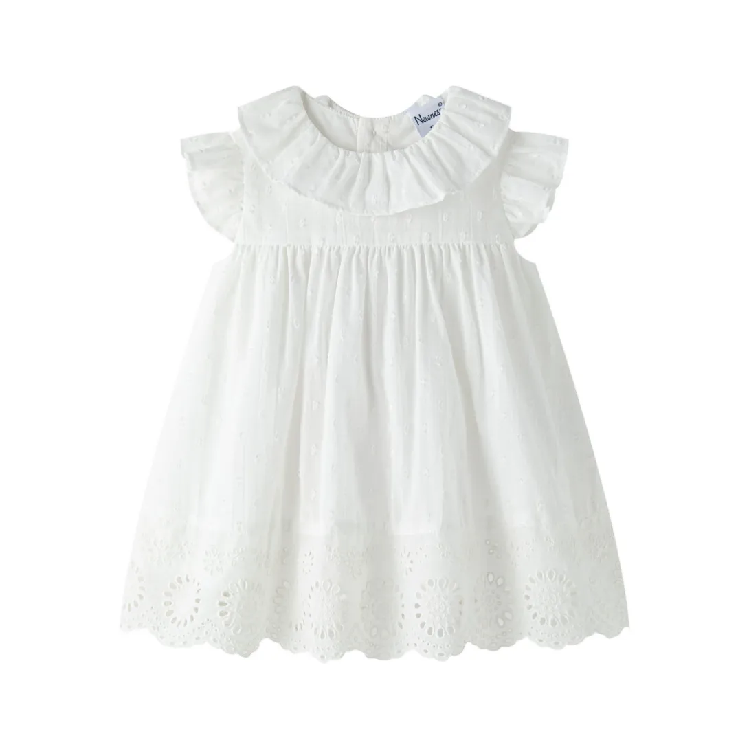White short-sleeve dress with gathered bodice and flutter sleeves
