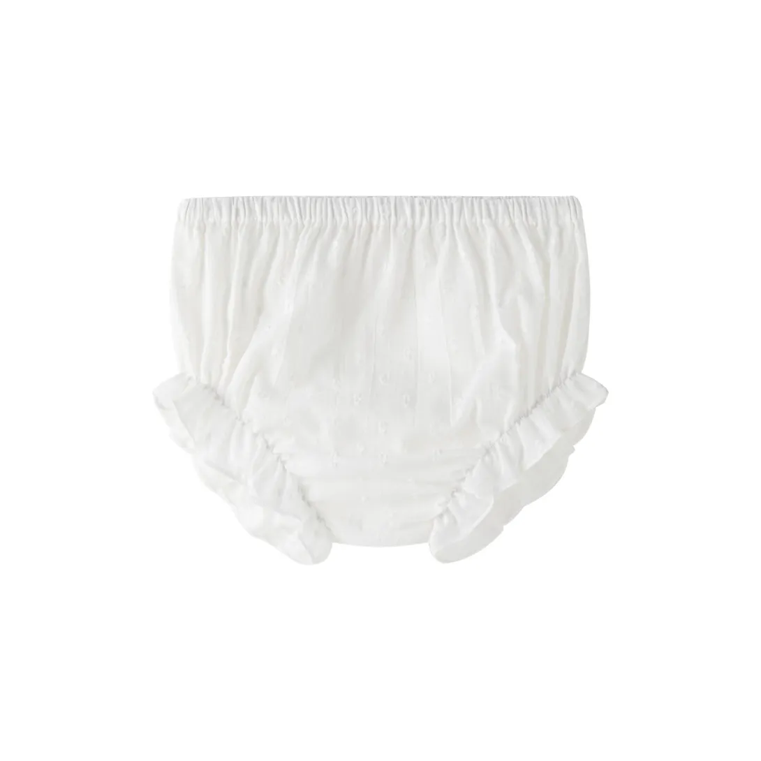 White gathered bloomers with elastic waistband and leg openings