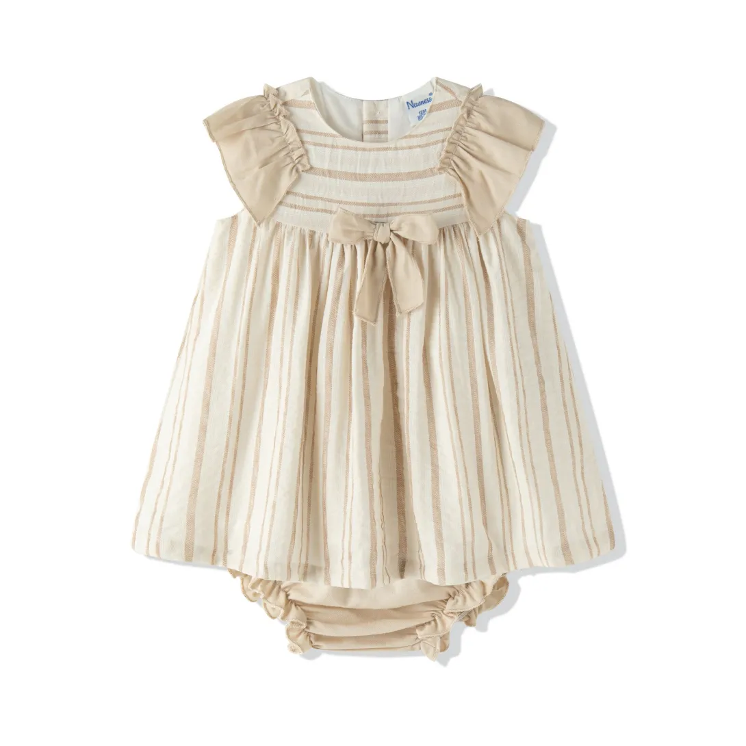 Cream and beige striped baby dress with matching diaper cover