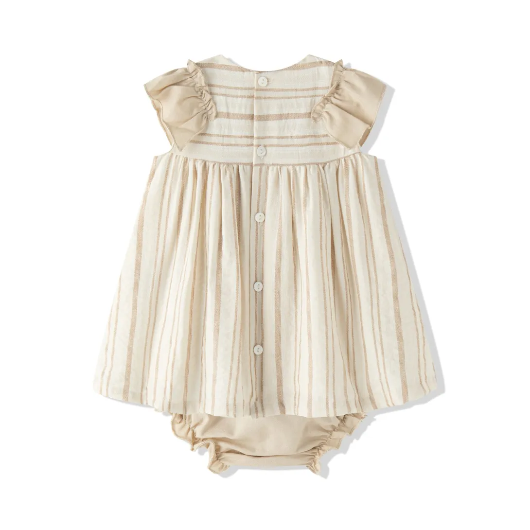 Cream and beige striped baby dress with matching bloomers