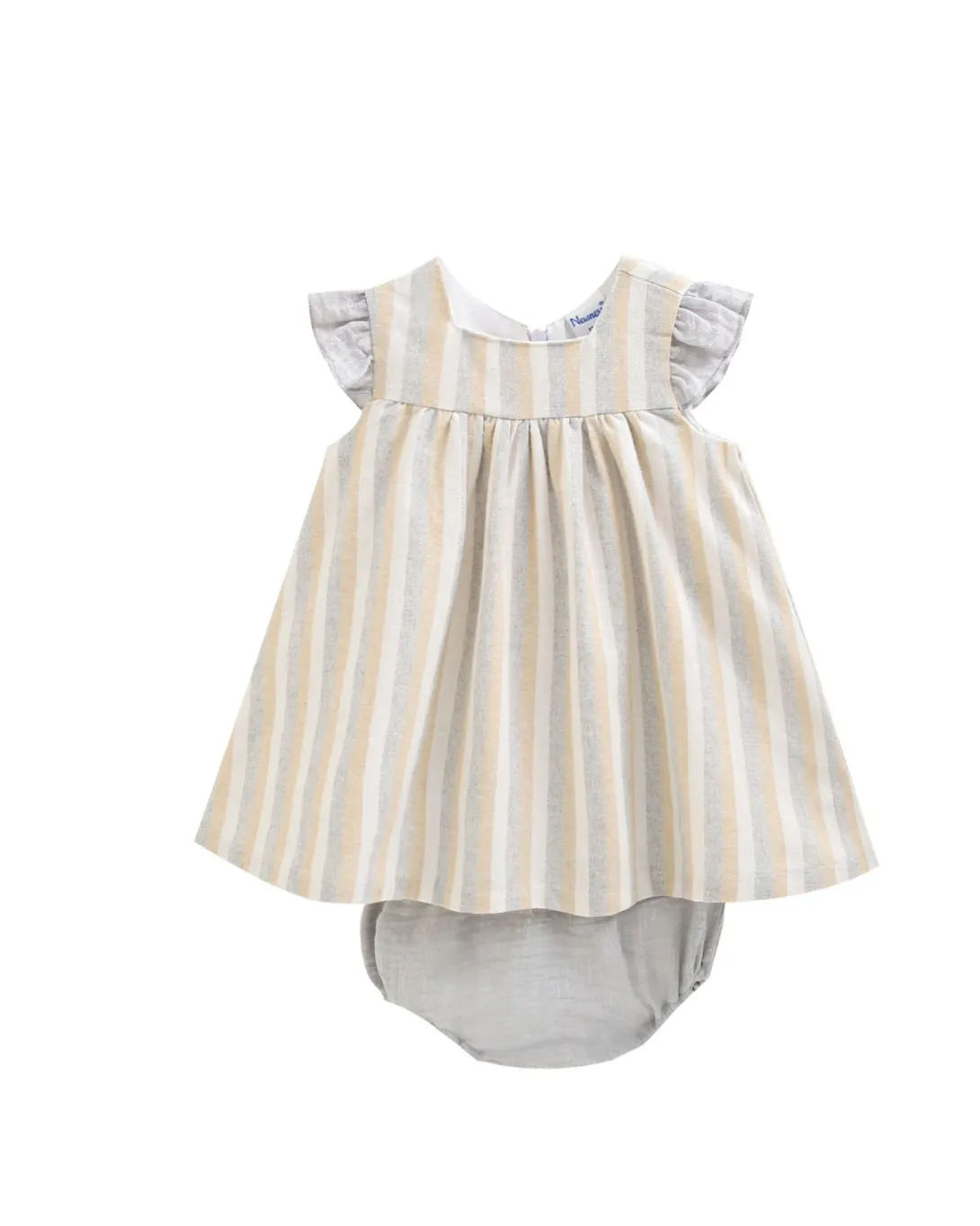 Beige and white striped baby dress with flutter sleeves and matching bloomers