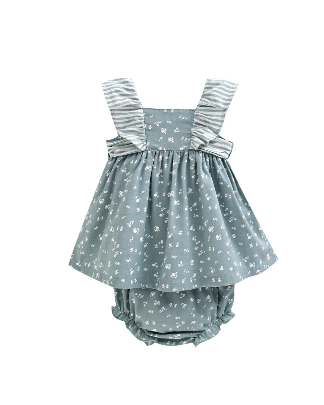 Blue polka dot baby dress with ruffled straps and matching bloomers