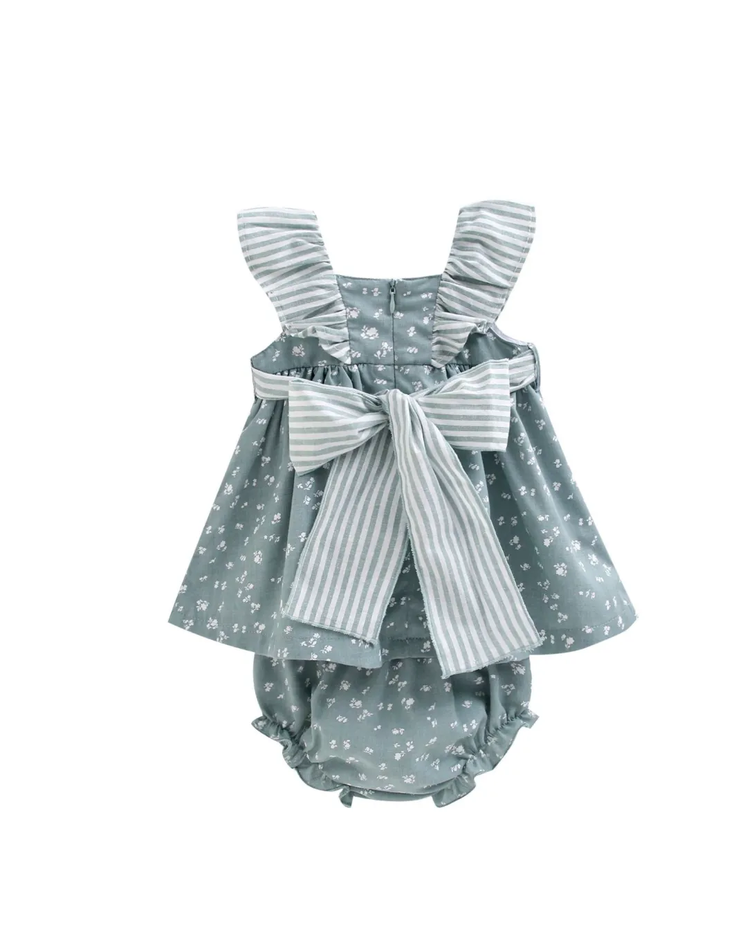 Blue floral romper with striped bow and ruffled straps