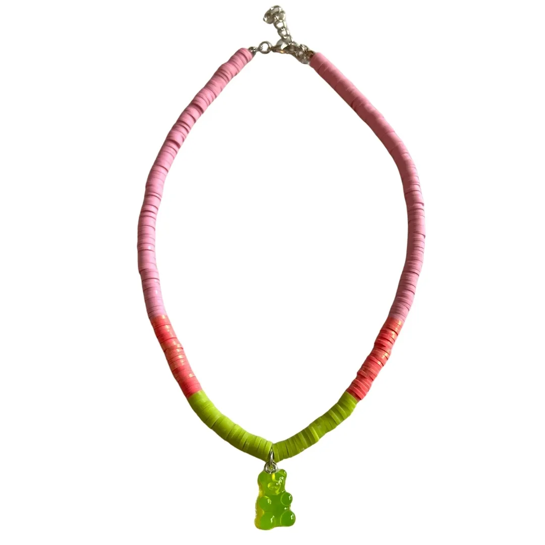 Rope necklace with gradient pink to yellow-green color and green bear pendant