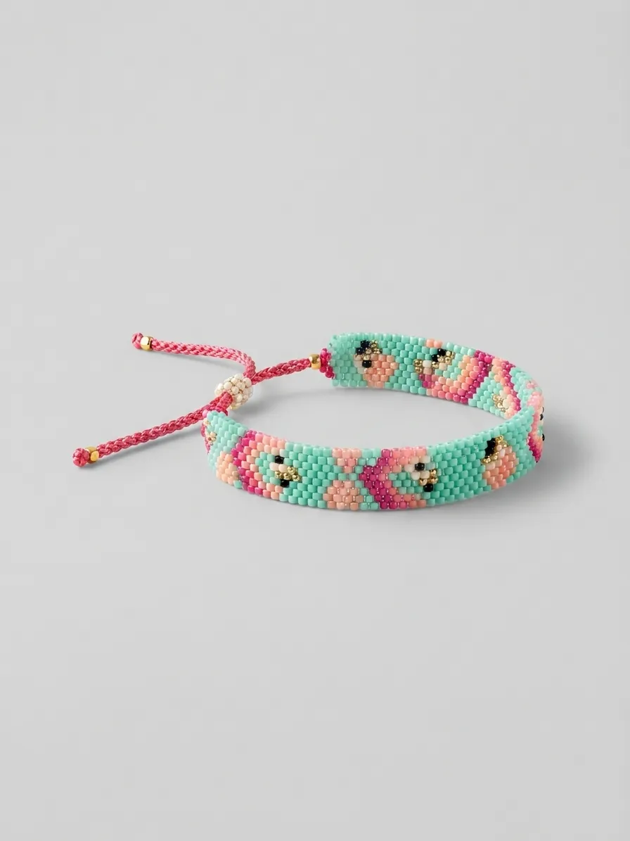 Turquoise beaded bracelet with pink flowers and adjustable pink cord closure