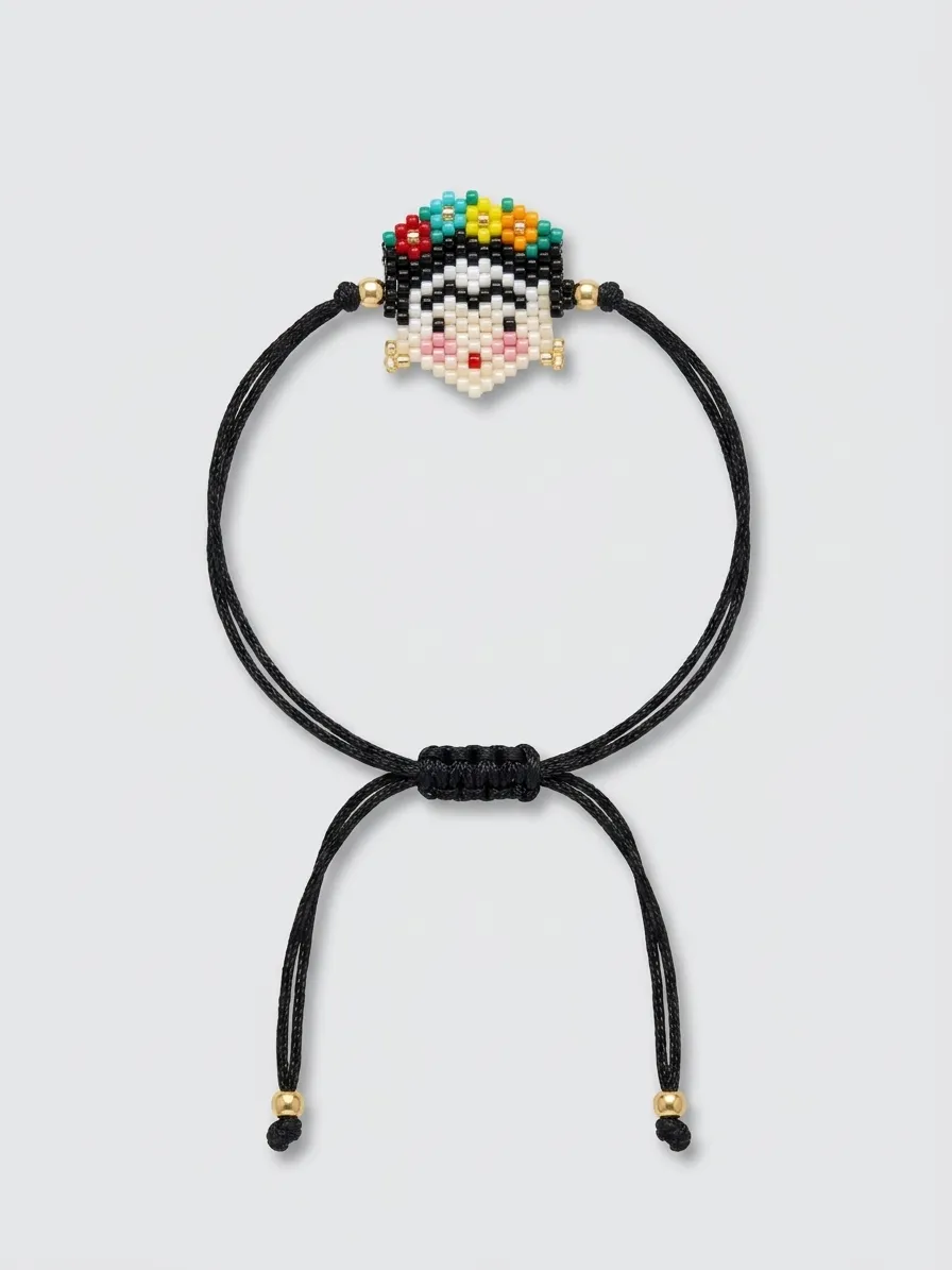Black cord bracelet with colorful beaded monkey face charm