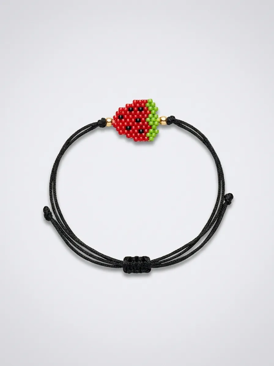 Black cord bracelet with red and gold beaded strawberry charm