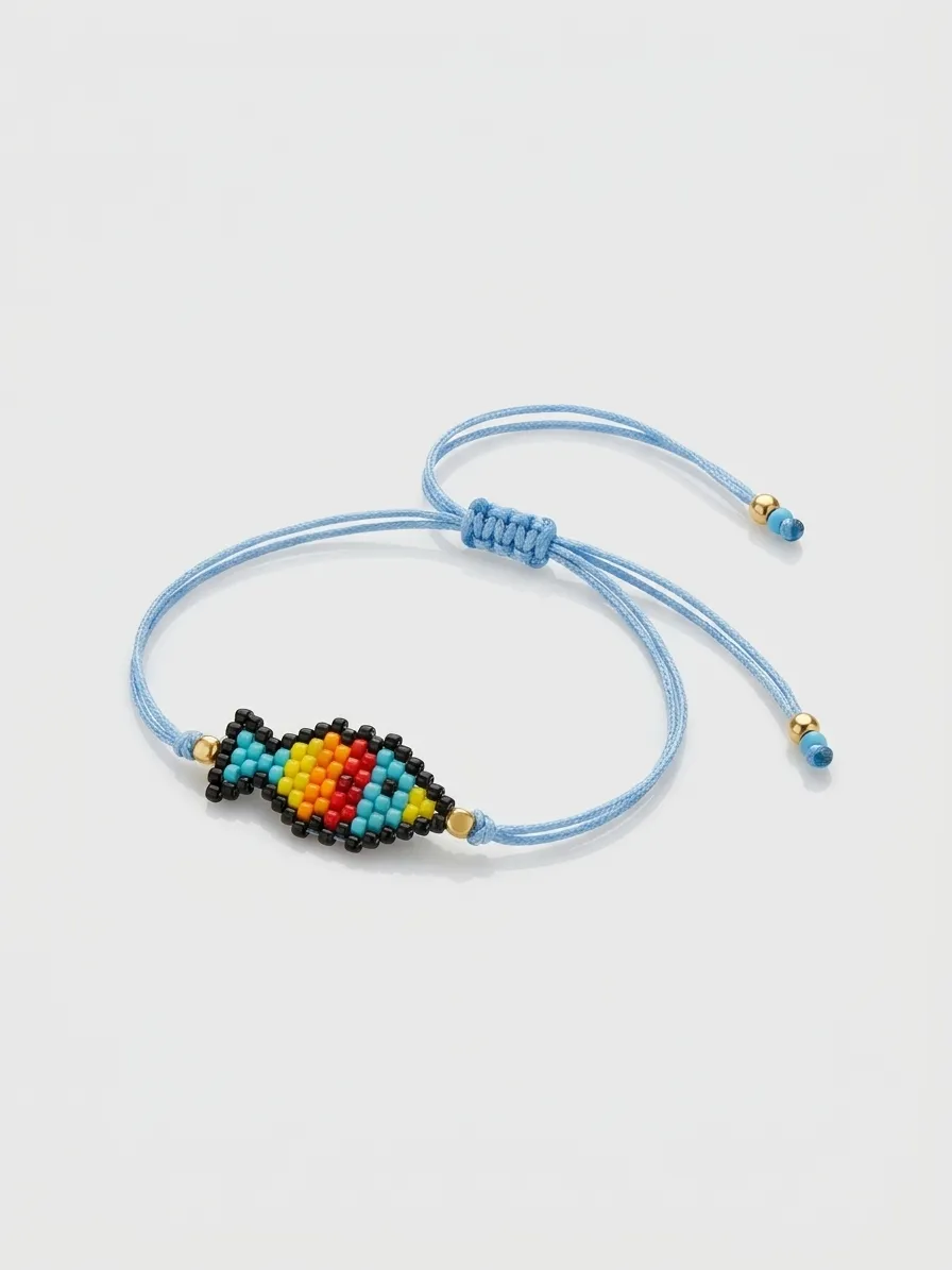 Light blue cord bracelet with multicolored beaded hamsa hand charm
