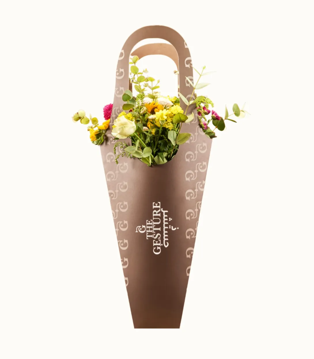 Brown cone-shaped hanging planter with handles filled with yellow and pink flowers