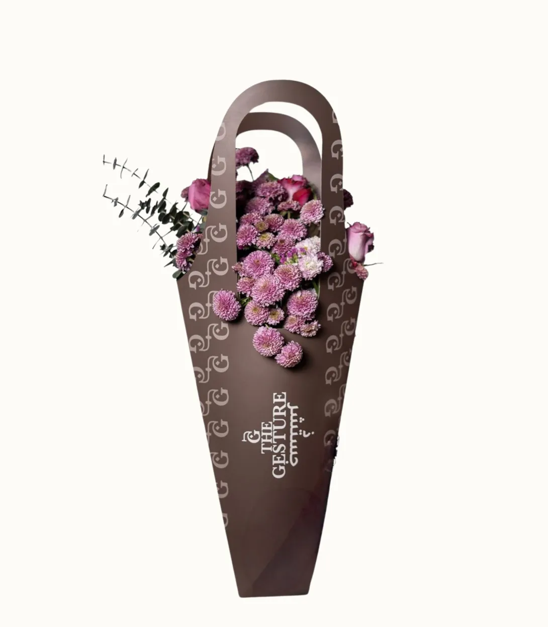 Dark wicker cone-shaped wall basket with purple flowers and decorative handles