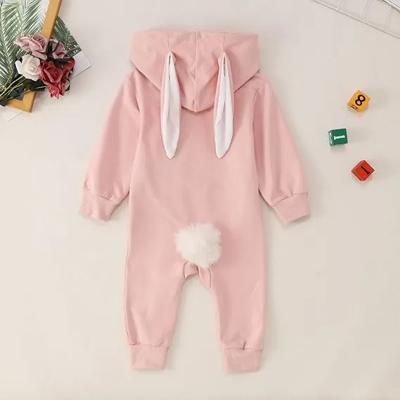 Pink baby romper with white bunny ears hood and pom-pom tail