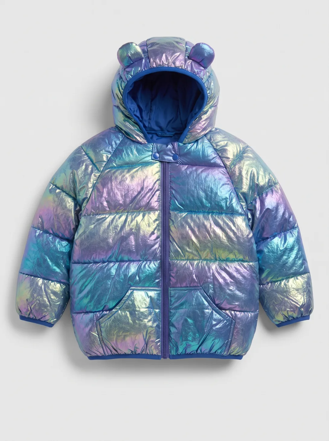 Iridescent blue puffer jacket with hood for children