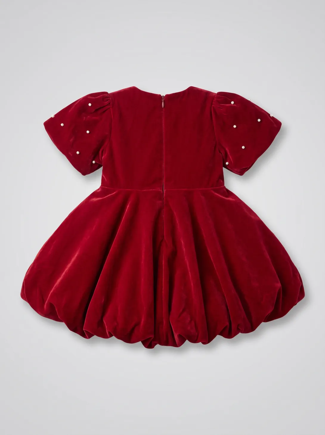 Red velvet bubble hem dress with short puffed sleeves