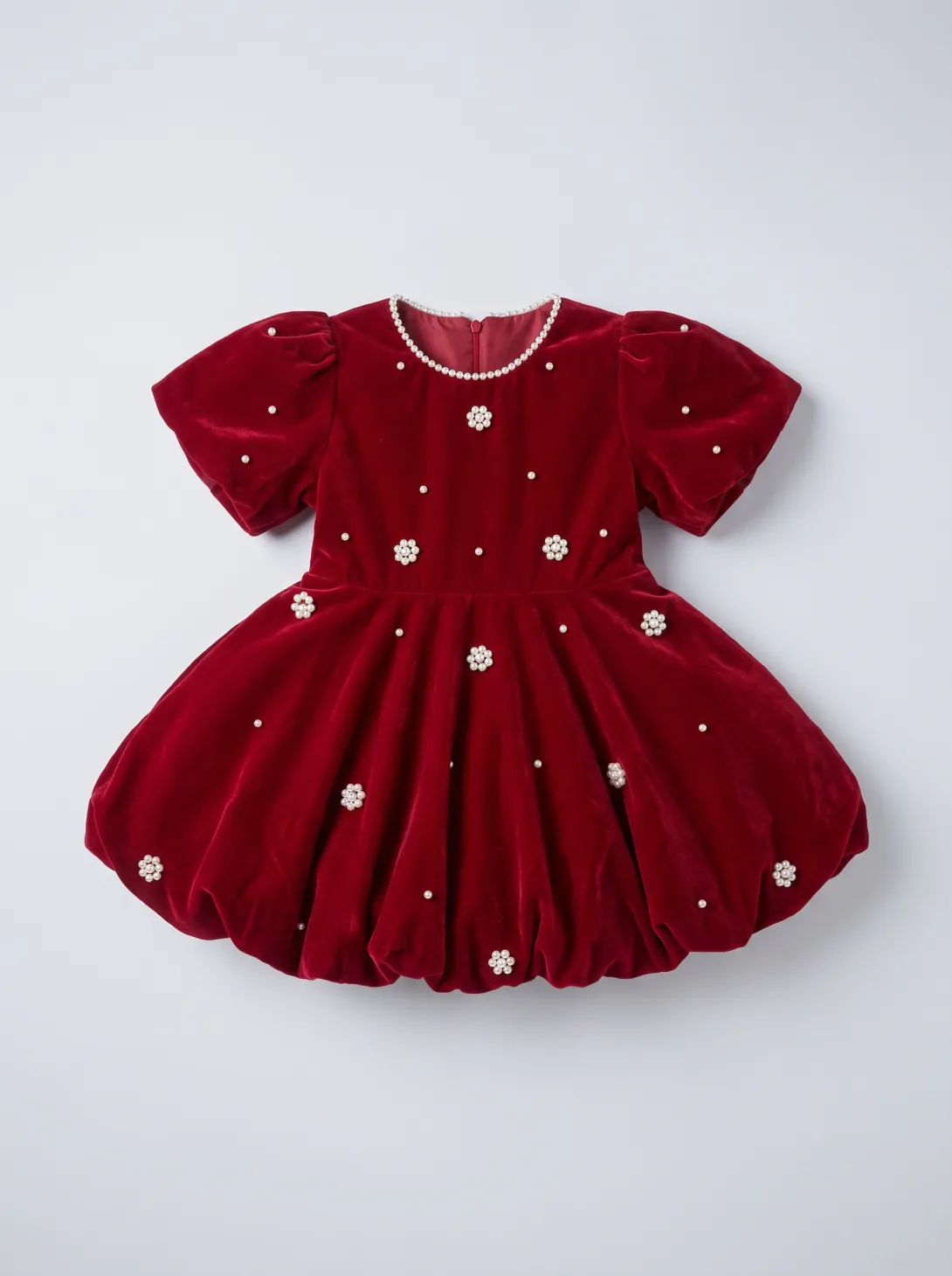 Burgundy velvet dress with gold star embroidery and short sleeves