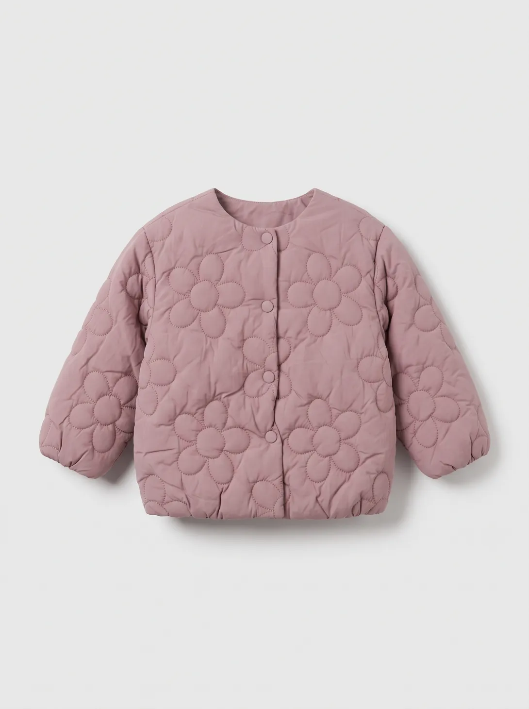 Mauve quilted puffer jacket for toddlers on gray background