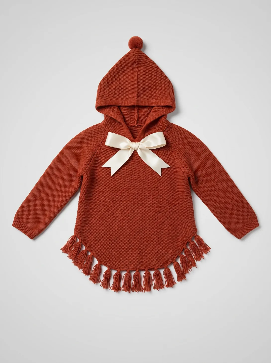 Rust-colored knit hooded sweater with white bow detail and scalloped hem