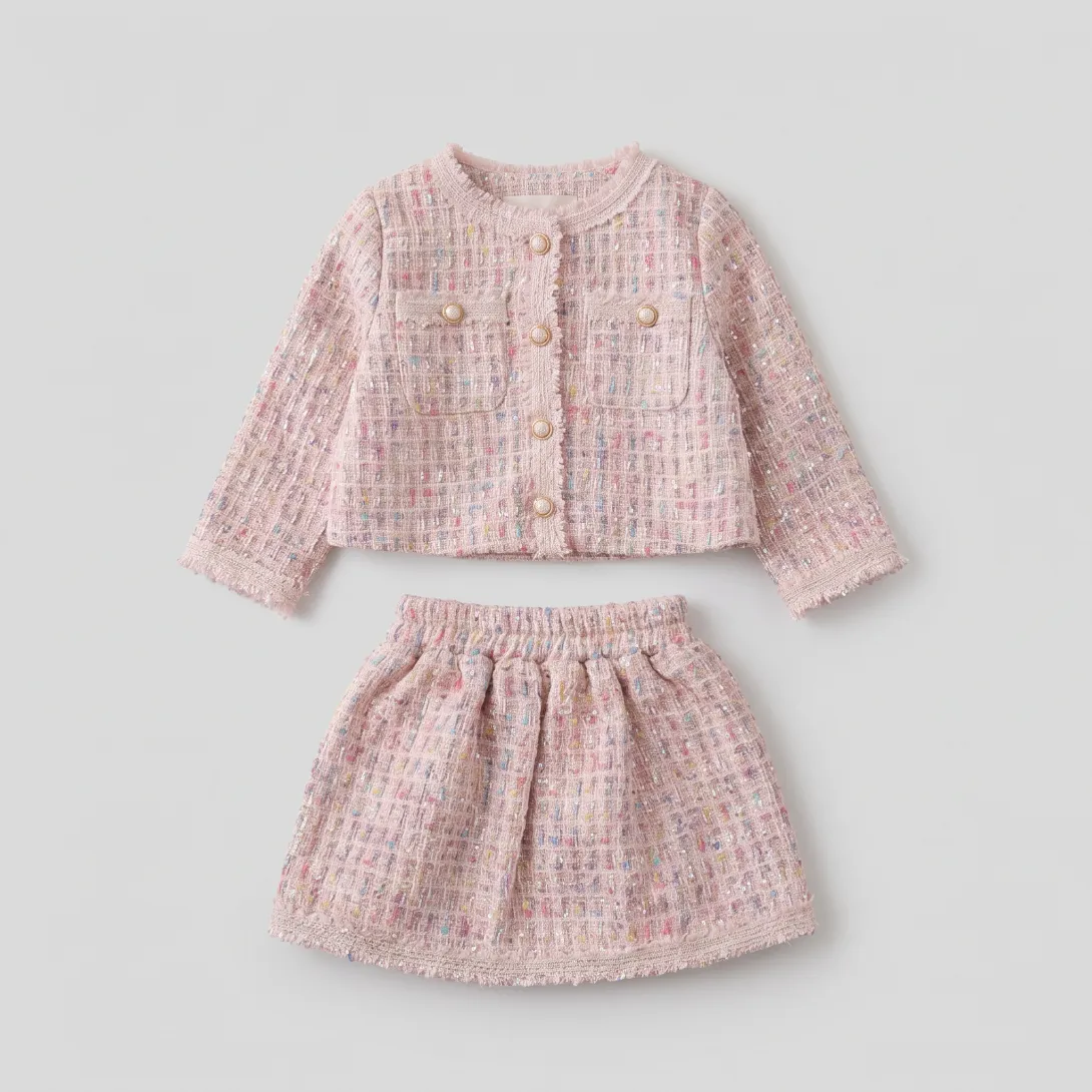 Pink tweed jacket and matching skirt set for toddlers