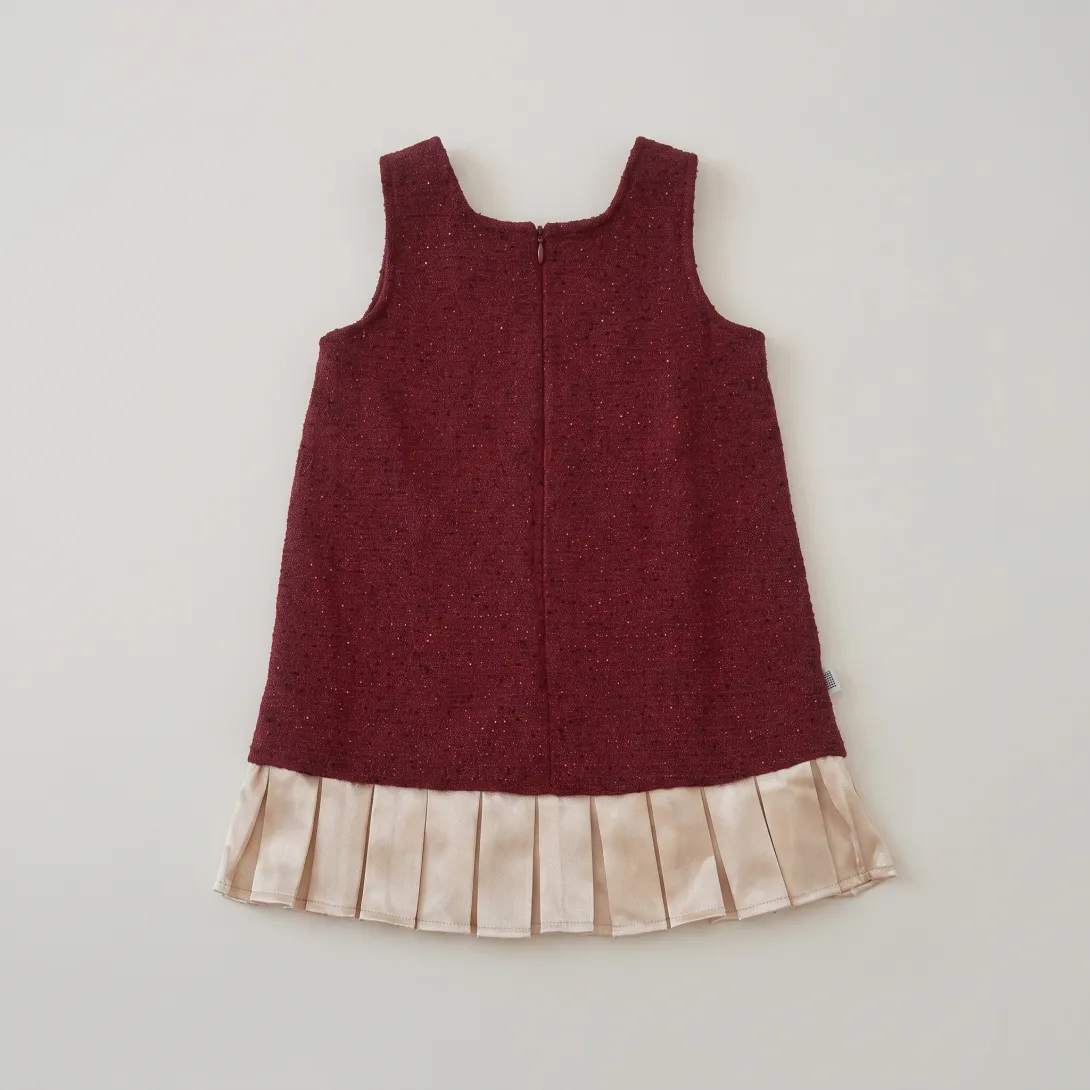 Burgundy sleeveless dress with cream pleated ruffle hem