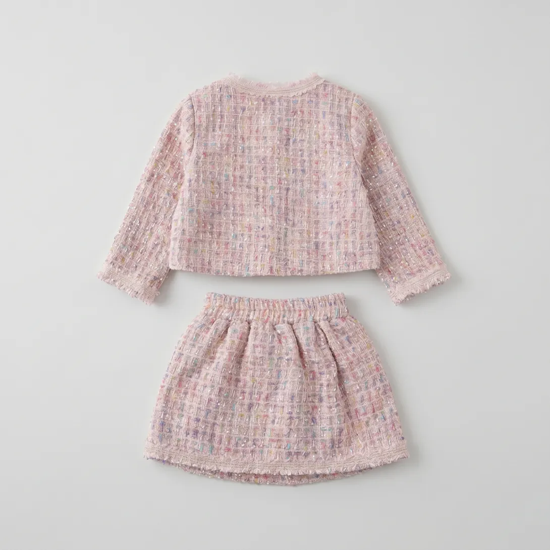 Pink tweed long-sleeve top and skirt set laid flat