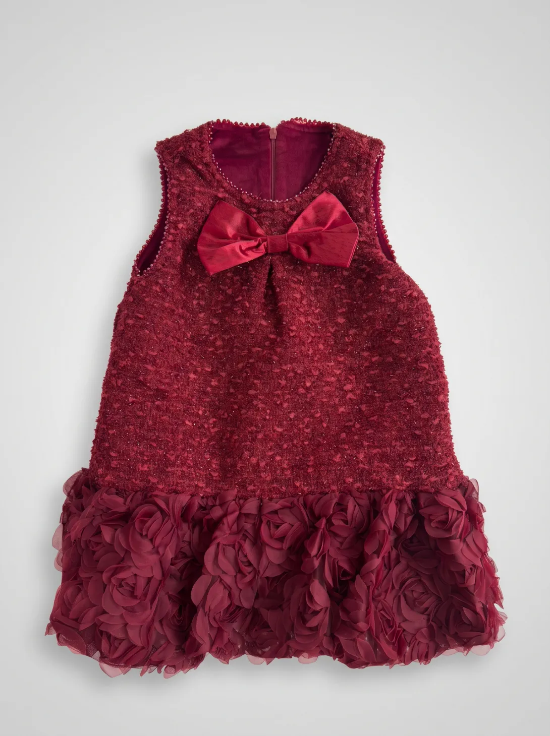 Burgundy sleeveless dress with ruffled neckline and hem