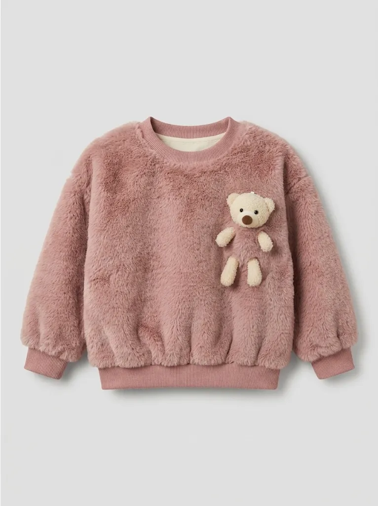 Mauve fuzzy sweatshirt with teddy bear appliqué on chest