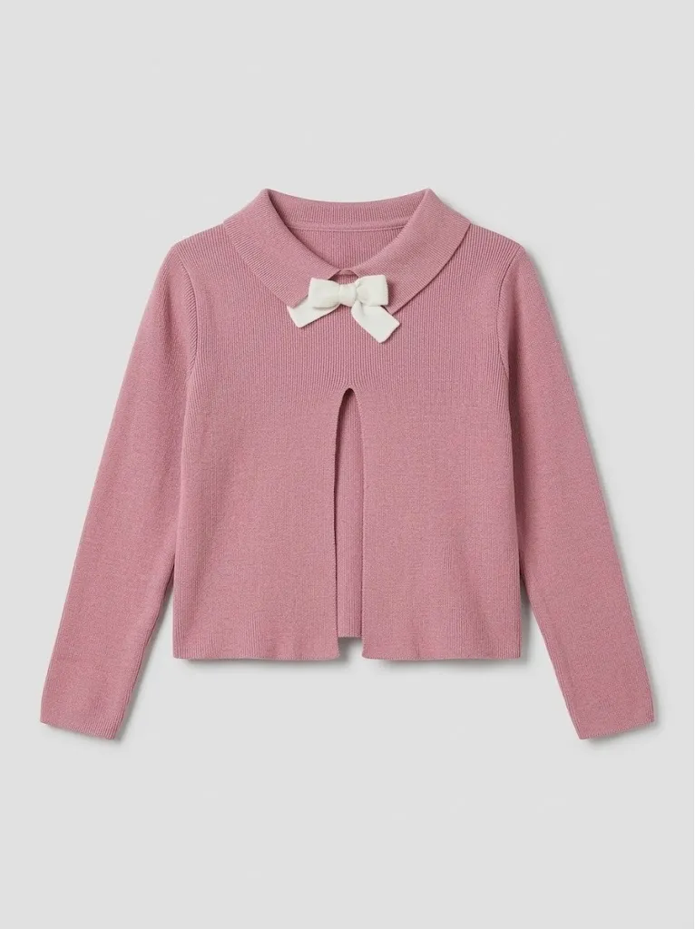 Pink cardigan with white bow detail at neckline