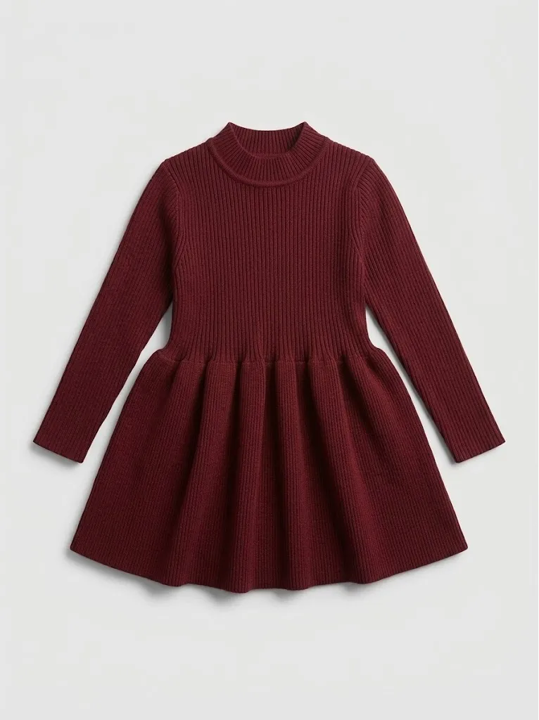 Long-sleeved burgundy dress with gathered waist and flared skirt
