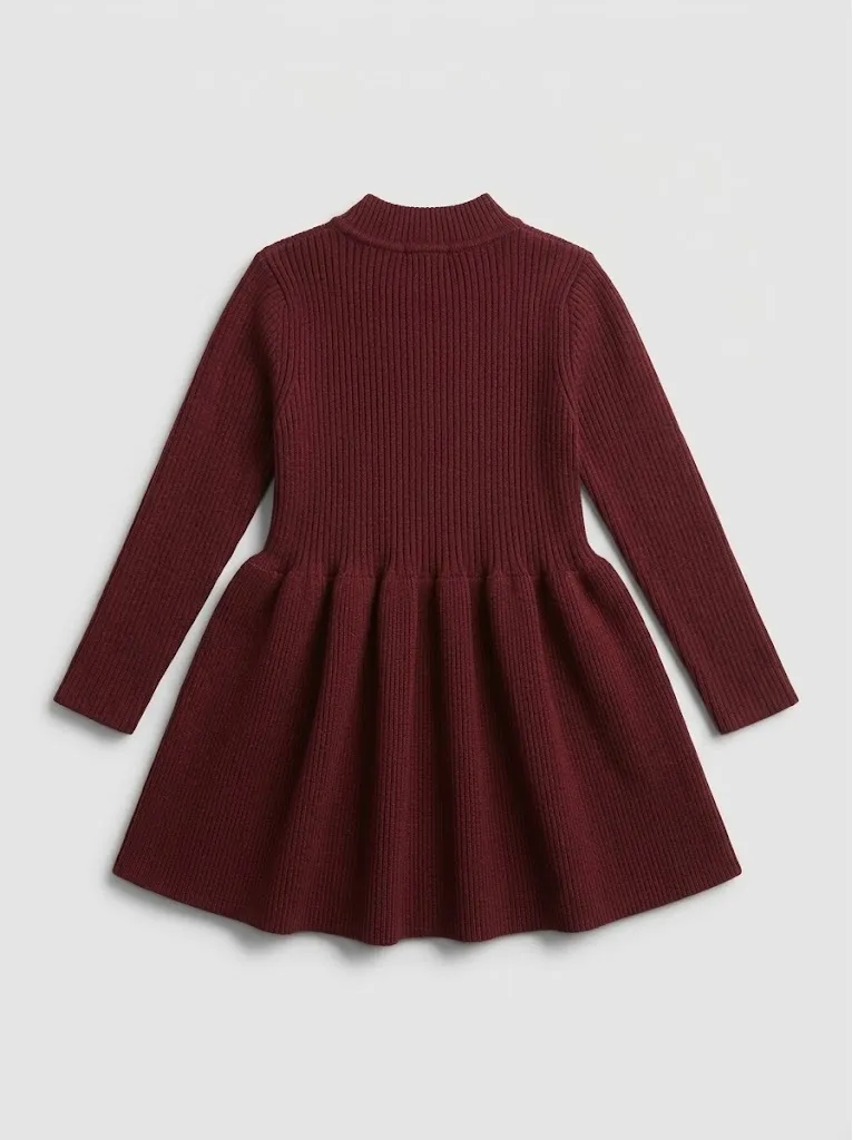 Burgundy long-sleeve dress with gathered skirt on gray background