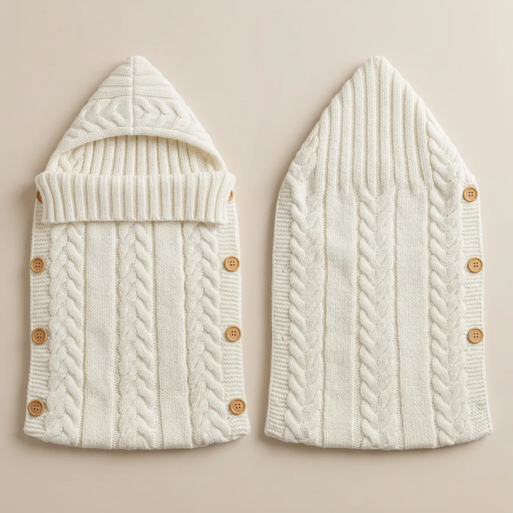 Two cream-colored cable knit baby bunting bags with wooden buttons on beige background